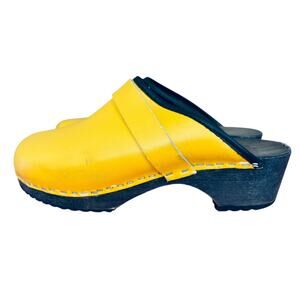 Jena – Yellow Leather Wooden Swedish Clogs Size 39 US 8-8.5